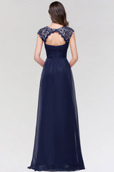 Elegant Chiffon Pleated Navy Lace Bridesmaid Dress with Keyhole Back-27dress